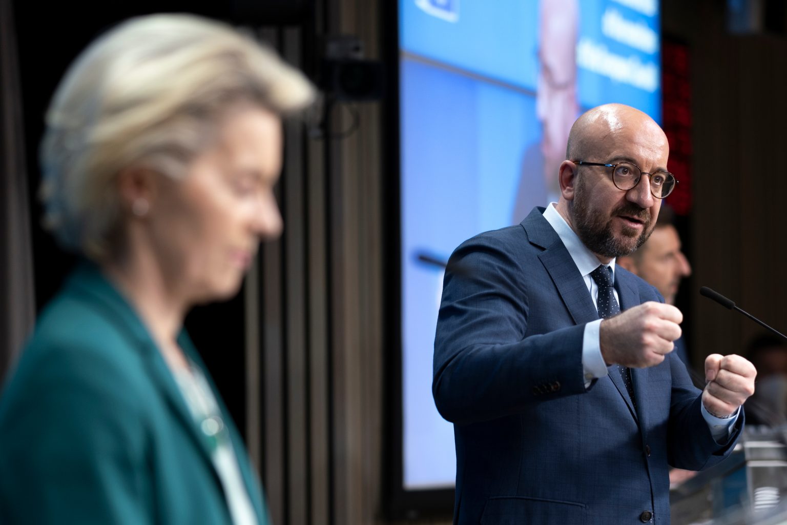 EU Commission President Ursula von der Leyen delivers a joint press conference with the EU Council President at the end of a European Union summit in Brussels, Belgium on March 25, 2021.