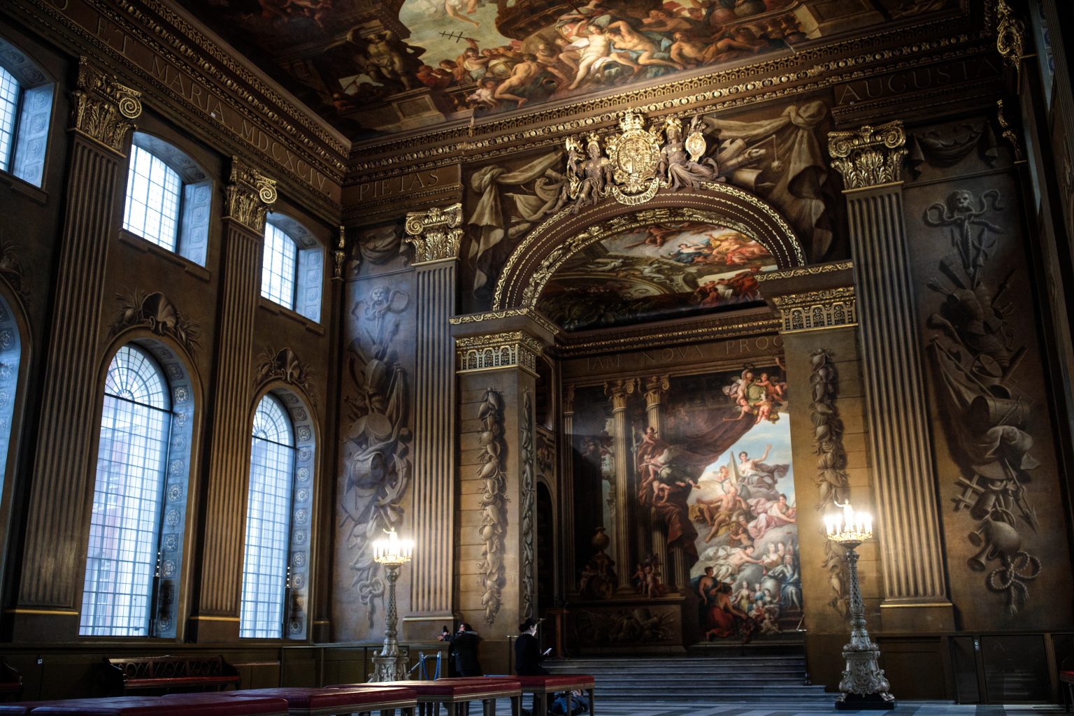 LONDON, ENGLAND - MARCH 20: The newly restored Painted Hall is pictured at the Old Royal Naval College on March 20, 2019 in London, England. The Painted Hall, designed by Sir Christopher Wren as a ceremonial dining room in the early 18th centrury, reopens to the public on March 23, 2019 after a two and a half year £8.5 million conservation project.  (Photo by Jack Taylor/Getty Images)