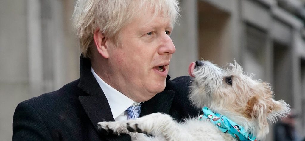 LONDON, UNITED KINGDOM - DECEMBER 12: Prime Minister Boris Johnson poses outside Methodist Hall polling station as he cast his vote with dog Dilyn, on December 12, 2019 in London, England. The current Conservative Prime Minister Boris Johnson called the first UK winter election for nearly a century in an attempt to gain a working majority to break the parliamentary deadlock over Brexit. The election results from across the country are being counted overnight and an overall result is expected in the early hours of Friday morning. (Photo by Christopher Furlong/Getty Images)