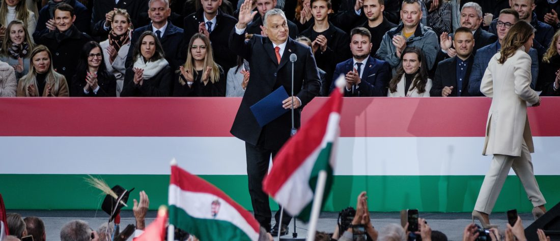 BUDAPEST, HUNGARY - OCTOBER 23: Viktor Orban, Hungary's prime minister delivers his speech during a peace march on October 23, 2021 in Budapest, Hungary. The new Hungarian opposition leader Peter Marki-Zay, the surprise winner of the primaries, intends to shake up the political scene to overthrow Hungary's President Viktor Orban of the Fidesz party in April 2022 during presidential elections. (Photo by Janos Kummer/Getty Images)