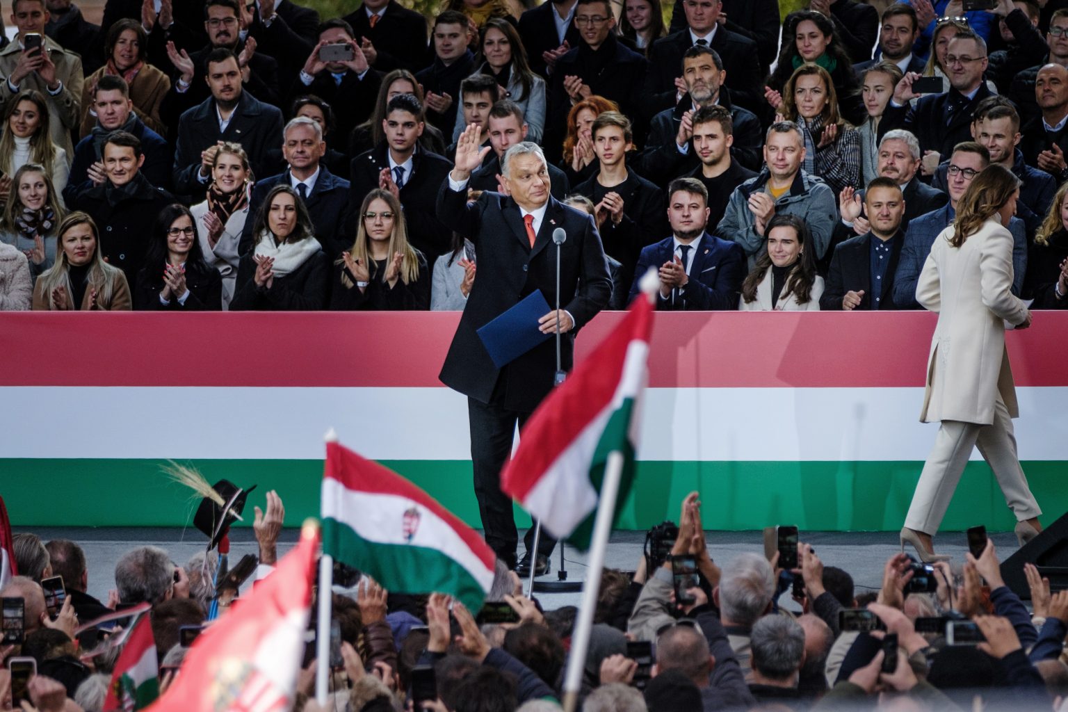 BUDAPEST, HUNGARY - OCTOBER 23: Viktor Orban, Hungary's prime minister delivers his speech during a peace march on October 23, 2021 in Budapest, Hungary. The new Hungarian opposition leader Peter Marki-Zay, the surprise winner of the primaries, intends to shake up the political scene to overthrow Hungary's President Viktor Orban of the Fidesz party in April 2022 during presidential elections. (Photo by Janos Kummer/Getty Images)