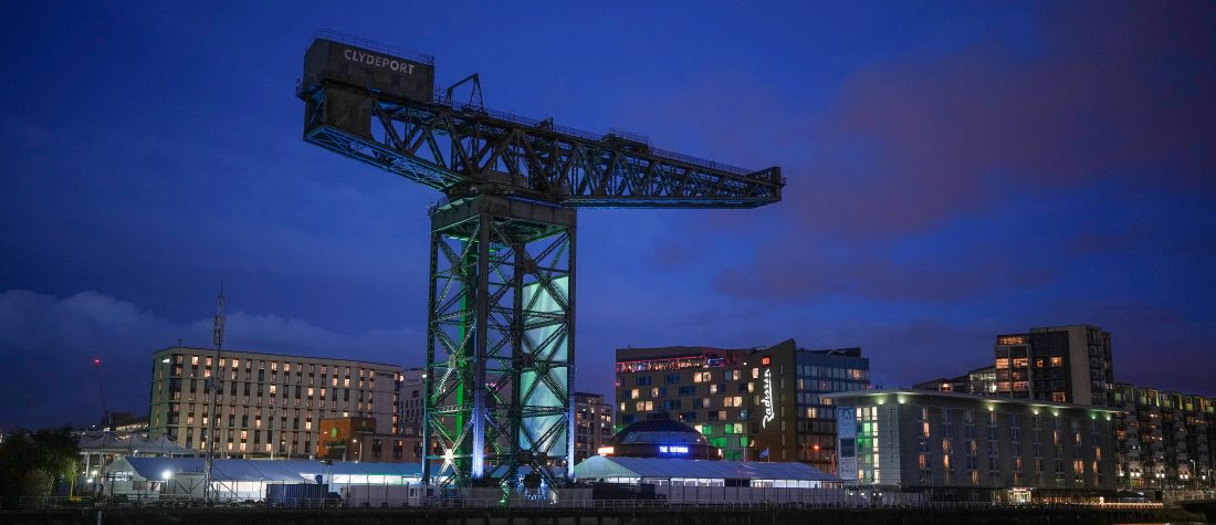GLASGOW, SCOTLAND - OCTOBER 29:  A general view of the Scottish Events Centre (SEC) and the Finnieston Crane at dusk as delegates from across the world begin to arrive for COP26 on October 29, 2021 in Glasgow, Scotland. (Photo by Christopher Furlong/Getty Images)