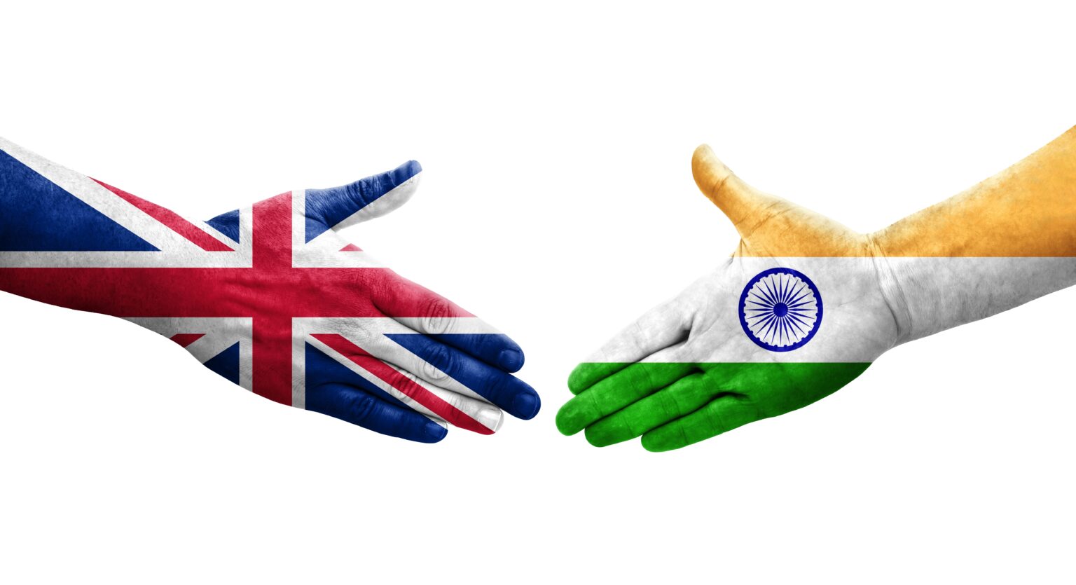 Handshake,Between,India,And,United,Kingdom,Flags,Painted,On,Hands,