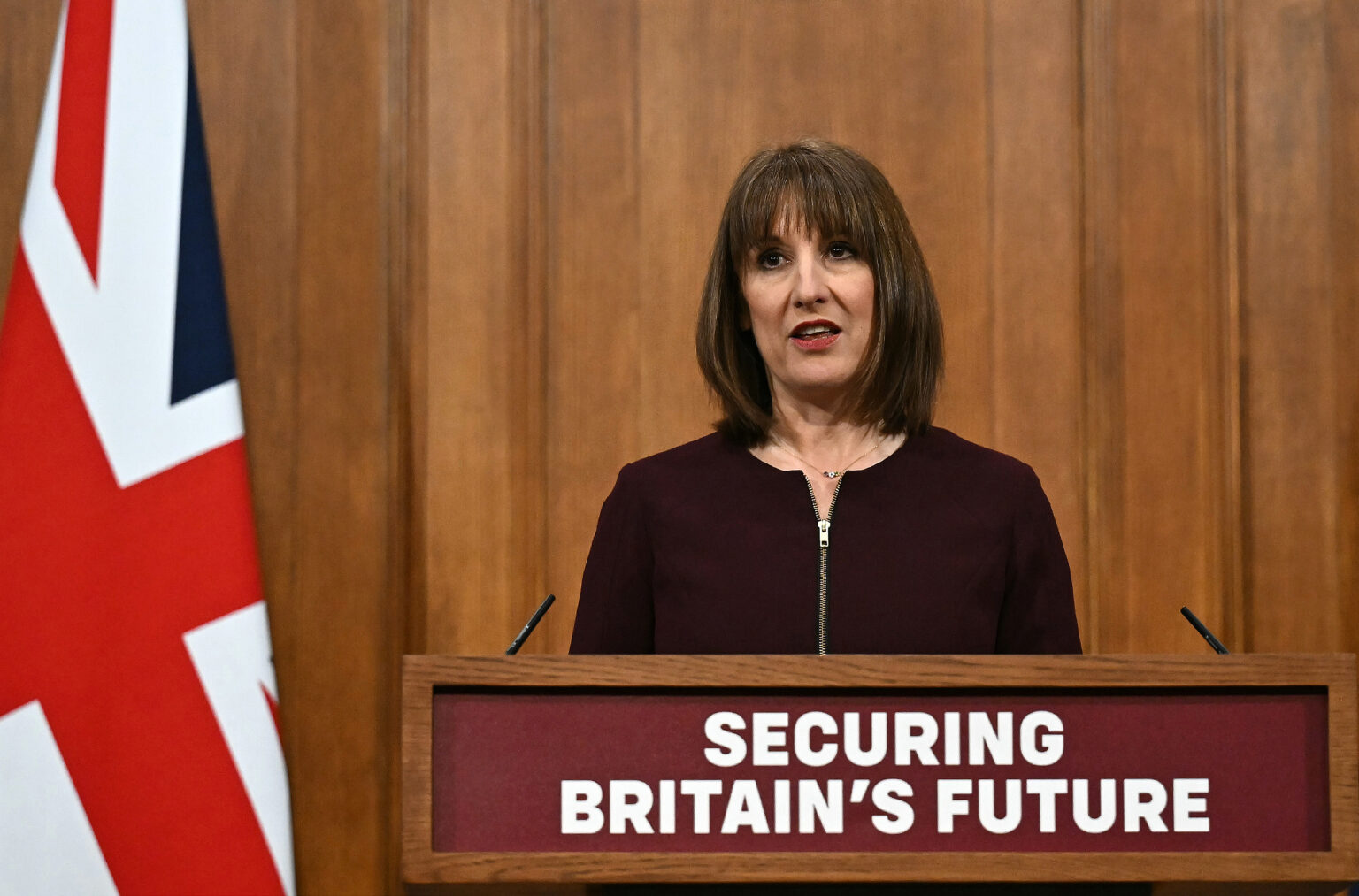 LONDON, ENGLAND - MARCH 26: Britain's Chancellor of the Exchequer, Rachel Reeves, speaks during a press conference in the briefing room at Downing Street on March 26, 2025 in London, United Kingdom. Chancellor Rachel Reeves is speaking to the press after delivering her Spring Statement to Parliament. The statement provides a progress report on the government's economic goals, and coincides with a report by the Office for Budget Responsibility (OBR), forecasting the impacts of tax and spending policies presented in the statement. (Photo by Ben Stansall - WPA Pool/Getty Images)