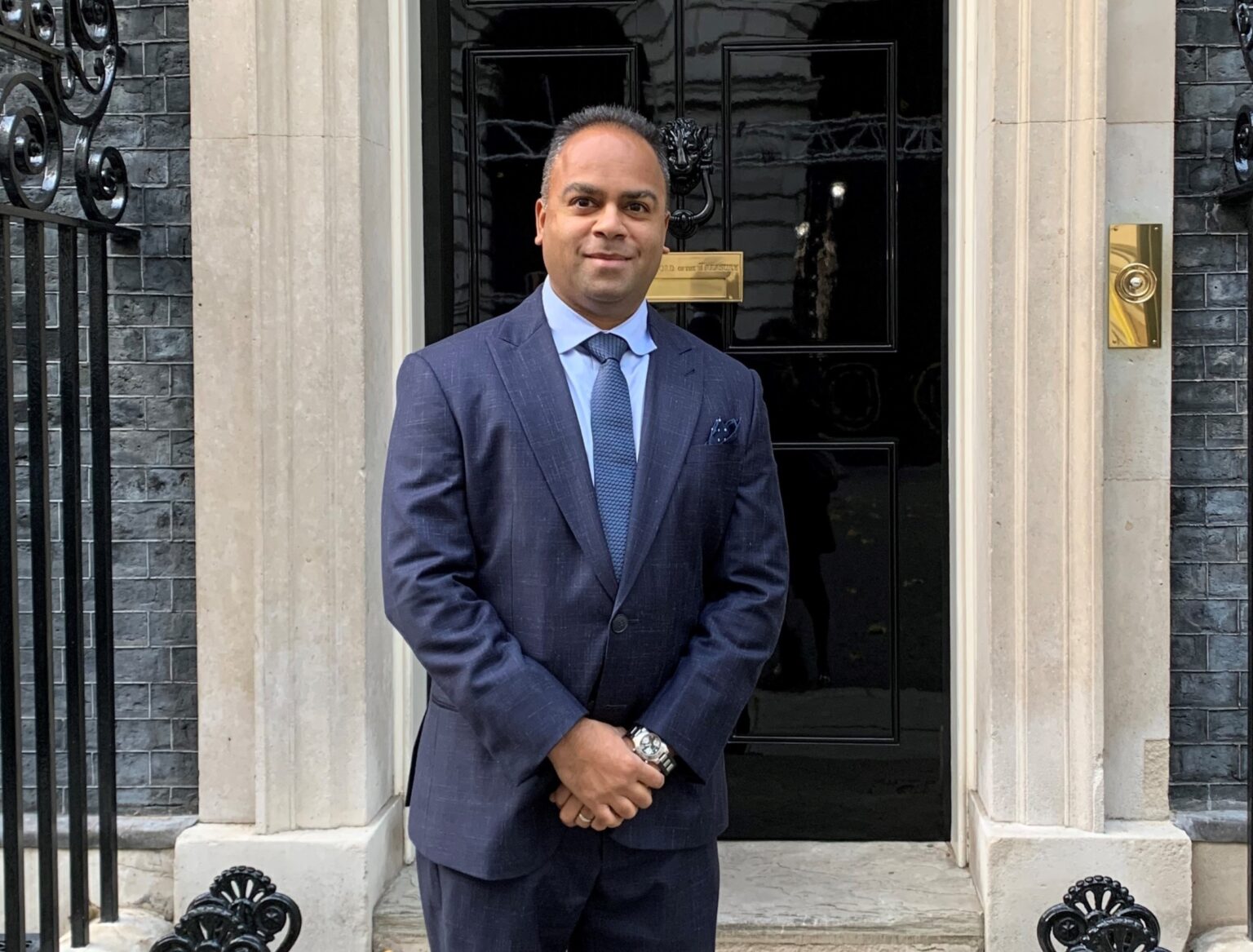 Kamal Pankhania, CEO of Westcombe Homes, outside 10 Downing Street 